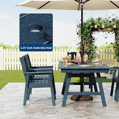 Garvee Outdoor Patio Dining Table Set for 4, 5 Piece Outdoor HDPE Dining Furniture Tables Set with Umbrella Hole, Aluminum Frame, All-Weather Garden Table and 6 Chairs for Backyard Poolside, Navy Blue