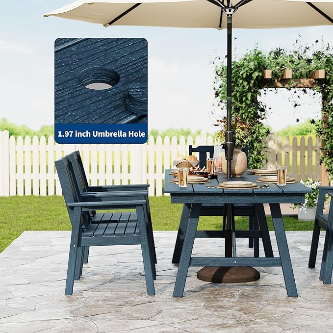 Garvee Outdoor Patio Dining Table Set for 6, 7 Piece Outdoor HDPE Dining Furniture Set with Umbrella Hole, Aluminum Frame, All-Weather Garden Table and 6 Chairs for Backyard Poolside, Navy Blue