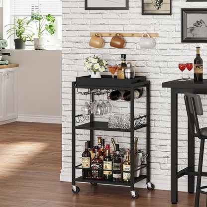 TUTOTAK Bar Cart with Wheels, Mini Drink Cart with Wine Rack & Glass Holder | 3-Tier 17 Inch Wide Home Bar Serving Carts, Small Mobile Kitchen Shelf with 6 Hooks, Black BC01BK036