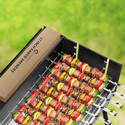 Kabob Skewers 17" Stainless Steel Long BBQ Barbecue Skewers | Flat Metal Kebob Sticks Wide Reusable Grilling Skewers for Meat Chicken,Set of 12 with Storage Bag