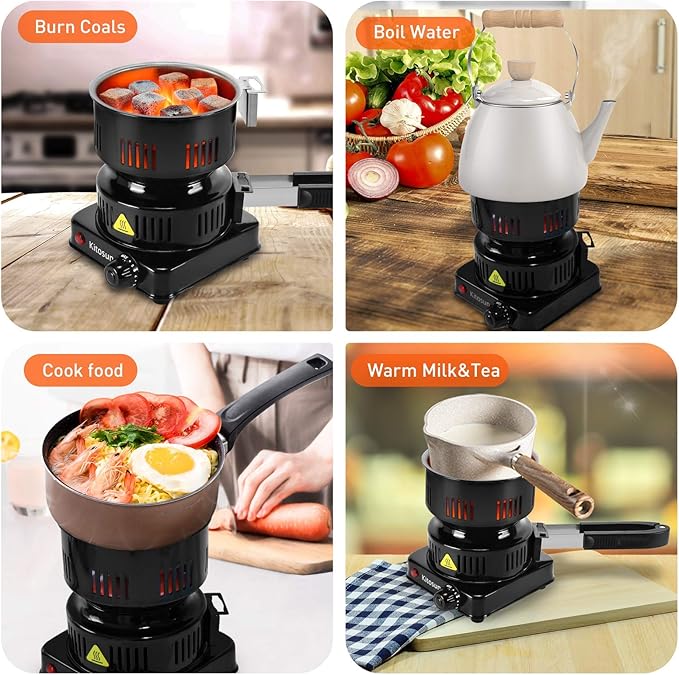 Electric Stove Coconut Charcoal Starter - ETL Approved Hot Plate Durable Faster Coal Burner 120V~600W with Detachable Handle Stainless Steel Grill & Rack Smart Heat Control Long Cable for BBQ Kitchen