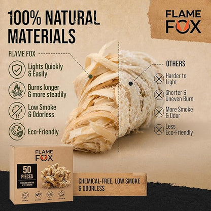 FlameFox Fire Starters 50 pcs – Natural Wood Wool Tumbleweed Fire Starter – Odorless Long Burning and Eco Friendly Firestarters – for Fireplace, Campfire, Grill, BBQ, Charcoal, Wood Stove & Fire Pit