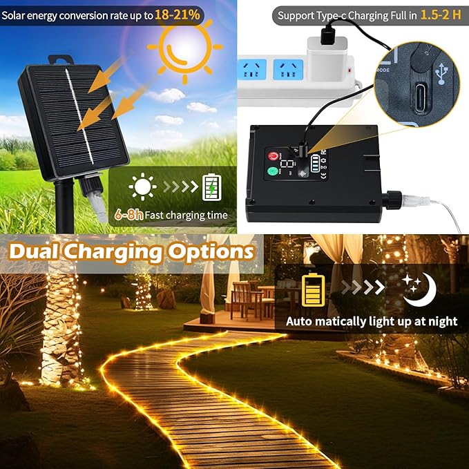 LairtPOW Solar Rope Lights with Remote,39FT 100LEDs Outdoor Solar Strip Lights,IP67 Waterproof USB Charging Solar String Lights, Timing & 8 Modes Larger Tube Fairy Light for Garden Tree (Warm White)