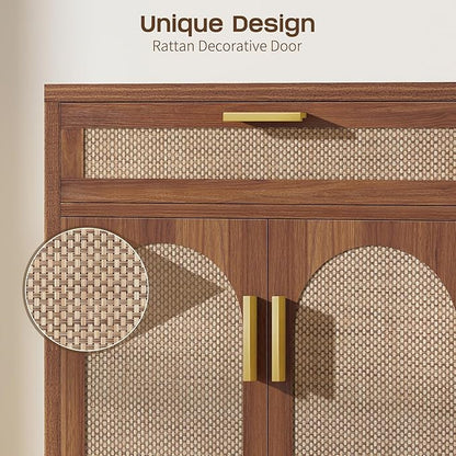 Rattan Buffet Cabinet with Storage, Sideboard Cabinet with Doors and Shelves, Accent Coffee Bar with Drawers, Farmhouse Kitchen Storage Cabinets, credenza for Entryway, Living Room Walnut