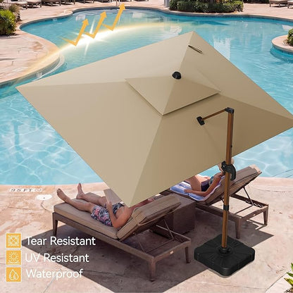 10x13 FT Wood Pattern Patio Umbrella, Large Deluxe Cantilever Rectangular Double Top Heavy Duty Offset Umbrellas with 360° Rotation, Outdoor shade for Garden Deck Pool Patio, Tan