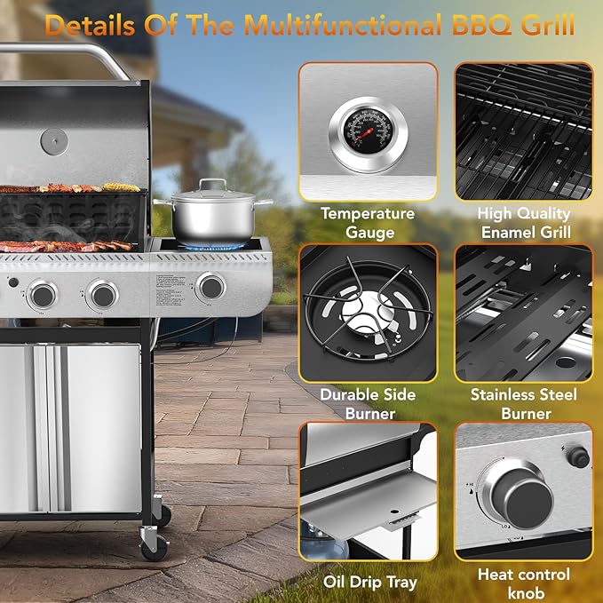 Multifunctional BBQ grill with features highlighted on a patio background