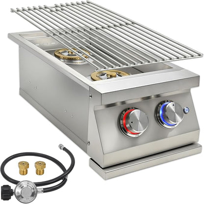Double Side Burners for Outdoor Grill, Heavy-Duty 304 Stainless Steel | 2x17,000BTU Liquid Propane Side Burner with Cast Brass Burner, Built-in Side Burners with LED for Outdoor Kitchen BBQ Island
