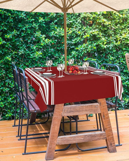 QueenKer Outdoor Tablecloth with Umbrella Hole, Farmhouse Wine Red White Stripe Rectangle Tables Waterproof Tabletop Collection for Patio, Garden, Picnic, Camping, Dining 52 x 70 inch
