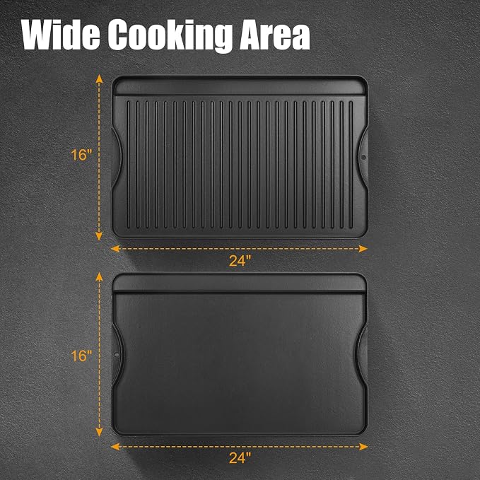 2-in-1 Reversible 16” x 24” Pre-Seasoned Cast Iron Cooking Griddle | for Gas Stove/Charcoal/Electric/Propane/Gas Grill, Flat Griddle Top Plate for Camping Tailgating