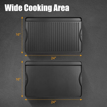 2-in-1 Reversible 16” x 24” Pre-Seasoned Cast Iron Cooking Griddle | for Gas Stove/Charcoal/Electric/Propane/Gas Grill, Flat Griddle Top Plate for Camping Tailgating