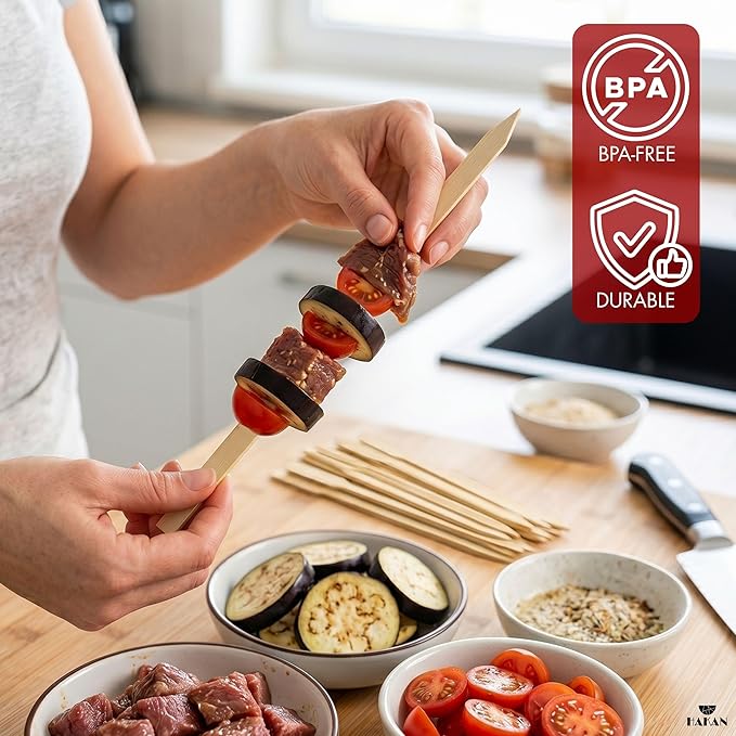Hakan 9.8” Bamboo BBQ Skewers 100 Pcs | Flat Kabob Skewers for Grilling Meat, Vegetables & Fruit | Shish Kebob Food Sticks | Cocktail Picks, Strong Appetizer Sticks for Party & BBQ, (25 cm x 2 cm)