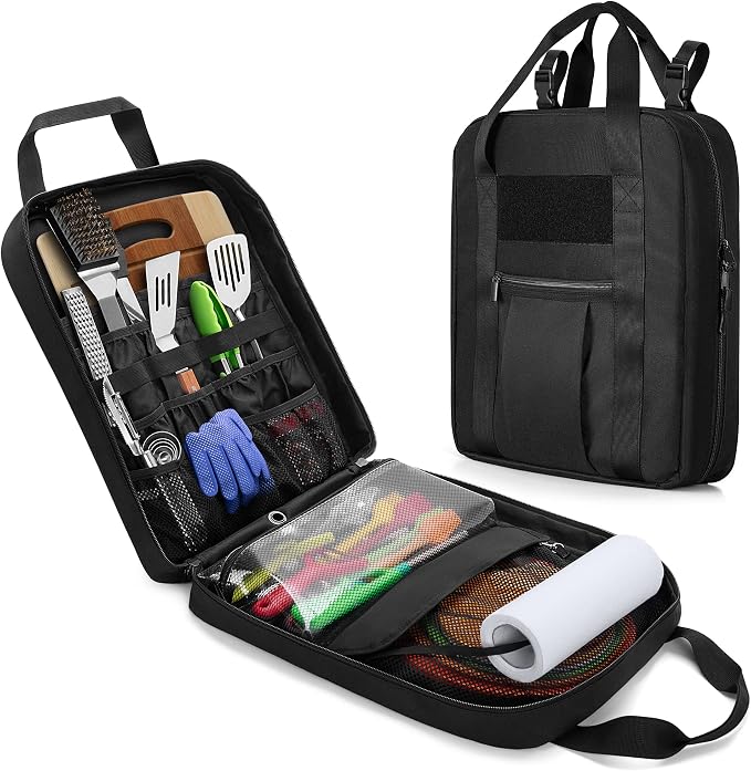 HODRANT Hanging Camp Utensil Organizer with Towel Paper Holder for Travel | Portable Camping Kitchen Cookware Bag for Knives, Forks, Spoons & More, Outdoor Cooking Tools Storage Box, Bag Only