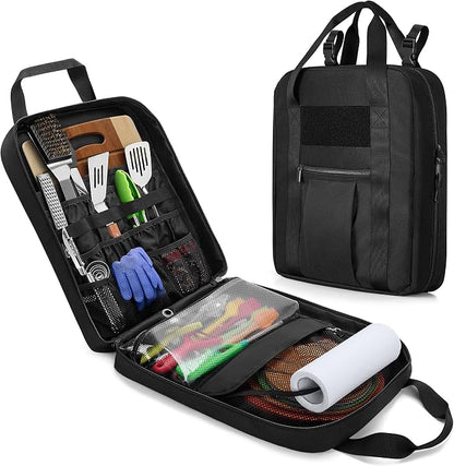 HODRANT Hanging Camp Utensil Organizer with Towel Paper Holder for Travel | Portable Camping Kitchen Cookware Bag for Knives, Forks, Spoons & More, Outdoor Cooking Tools Storage Box, Bag Only