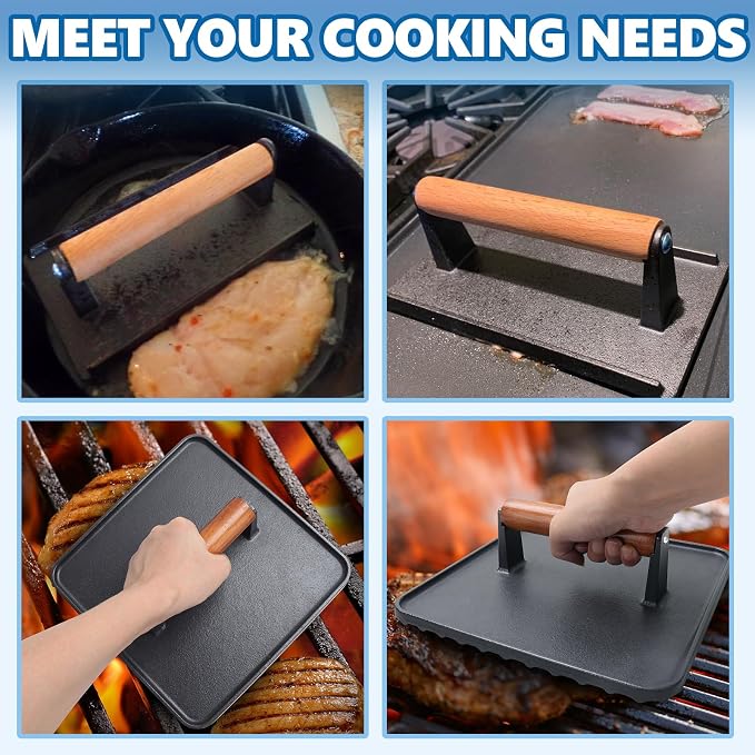 Cast Iron Square Burger Press&Rectangle Meat Press for Griddle Accessories | Bacon Press for Pitboss, Camp Chef Flat Top Grills Accessories, Smash Burger Press for Griddle Cooking Accessories, 2PCS