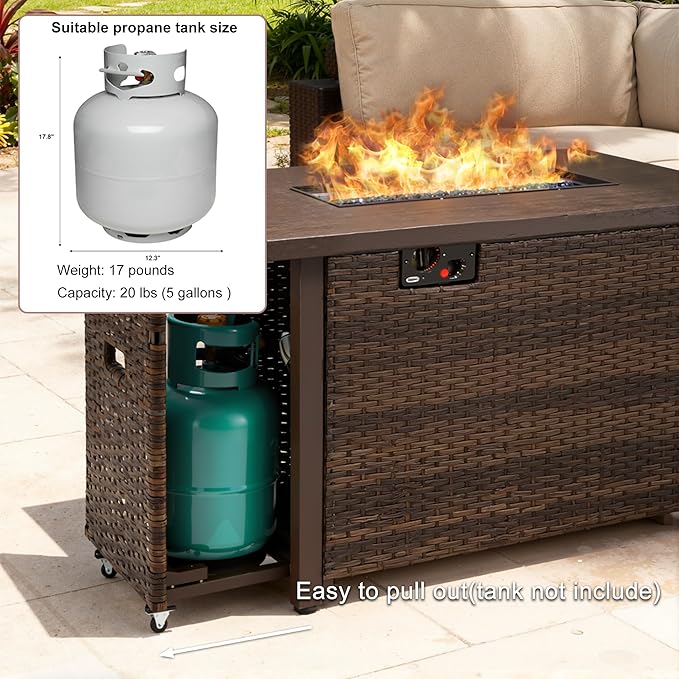 42 Inch Propane Fire Pit Table, 50,000 BTU Outdoor Gas Fire Pits with Removable Lid, 2 in 1 Rectangular Firepit Table for Outside Patio Deck and Garden (Brown)