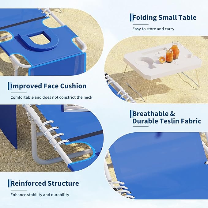 Garvee Tanning Chair with Face Hole, 3-in-1 Outside Beach Lounge Chair with Folding Table, 5 Reclining Positions and Removable Pillow, for Beach, Pool, Patio, Garden -Max 330lbs (Blue) | with Folding Table, 5 Reclining Positions and Removable Pillow, f...