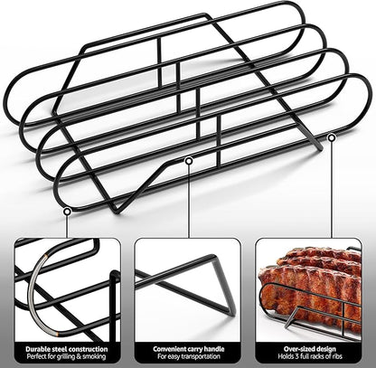 Sorbus Extra Large Non-Stick Rib Rack - Porcelain Coated Steel Roasting Stand – Holds 3 Full Rib Racks for Grilling & Barbecuing - Perfect BBQ Accessories for Smoker & Grill - Convenient Design, Black