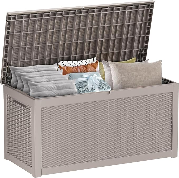 PatioZen 320 Gallon Large Deck Box,Resin Outdoor Storage Box with Lockable for Patio Furniture, Pool Accessories, Garden Tools Waterproof Outside Storage Box, Grey