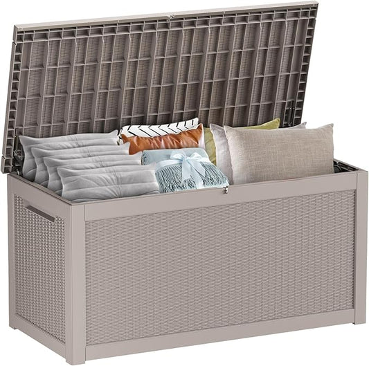 PatioZen 320 Gallon Large Deck Box,Resin Outdoor Storage Box with Lockable for Patio Furniture, Pool Accessories, Garden Tools Waterproof Outside Storage Box, Grey
