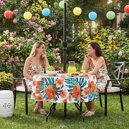 SquarePie Round Outdoor Talecloth with Umbrella Hole and Zipper 60 Inch,Water Resistant SpillProof Patio Table Cloth Cover for Spring Summer Camping Garden Poolside Picnic,Palm Leaf Orange Flower