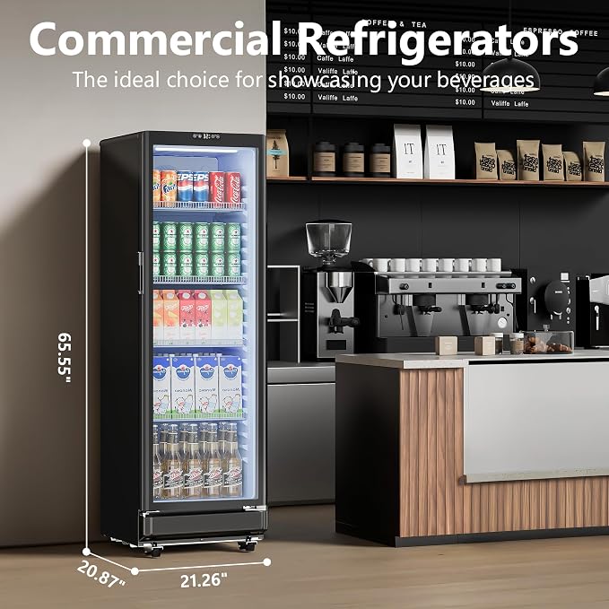 8.5 Cu.Ft Commercial Display Fridge with Glass Door | Double-Tempered Glass, Locking Key & LED, Outdoor/Indoor Versatile, Bar/Office/Restaurant, Spacious Storage, Energy Saving