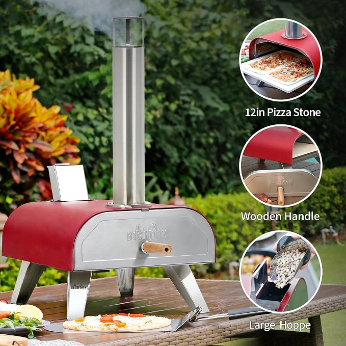 BIG HORN 12" Multi-Fuel Outdoor Pizza Oven Reach up to 1110℉– 3-in-1 Wood,Gas &Electric Compatible (Burners Sold Separately),Pellet Pizza Oven Portable Pizza Maker for Backyard, Camping&Tailgating,Red