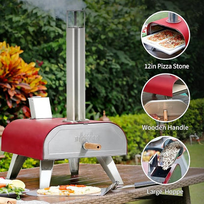 BIG HORN 12" Multi-Fuel Outdoor Pizza Oven Reach up to 1110℉– 3-in-1 Wood,Gas &Electric Compatible (Burners Sold Separately),Pellet Pizza Oven Portable Pizza Maker for Backyard, Camping&Tailgating,Red