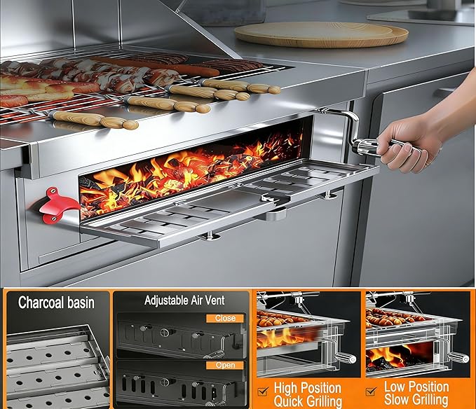 Large Built In Grill, Charcoal BBQ Grills with Liftable Tray, Visible Insulated Hood & Temp Gauge, Heavy-Duty Stainless Steel Barbecue Grill for Outdoor Kitchen Cooking Family Parties