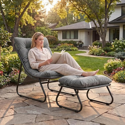 Rocking Chair with Ottoman, Modern Metal Frame Outdoor Rocker, Comfy Patio Lounge Chair with Footrest, Reading Glider Chairs for Living Room, Bedroom, Balcony, Garden, Relax, Grey