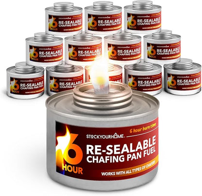 6-Hour Food Warmers for Parties (12 Pack), Chafing Fuel Cans with Wick and Safety Twist Cap, Catering Food Warmers for Buffets, Parties, Weddings, Long Lasting Burners for Food Warmer, Food Heater