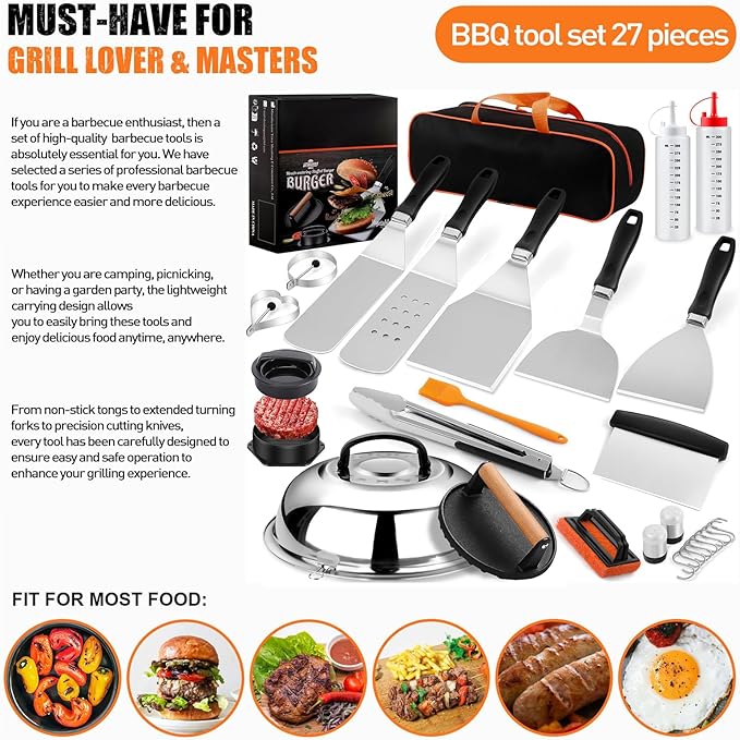 APSARAS USA 27pcs Griddle Accessories Kit for Blackstone, Grilling Accessories,Hibachi Enlarged Spatula Gift Set with Basting Cover,Flat Top Grill Accessories, Burger Press Patty Maker,Storage Bag