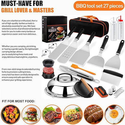 APSARAS USA 27pcs Griddle Accessories Kit for Blackstone, Grilling Accessories,Hibachi Enlarged Spatula Gift Set with Basting Cover,Flat Top Grill Accessories, Burger Press Patty Maker,Storage Bag