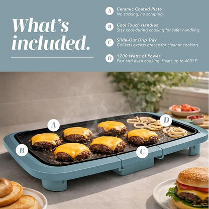 COOK WITH COLOR Electric Griddle 1200W, Nonstick Surface for Pancakes, Burgers, Eggs & More, Removable Temperature Control, Slide-Out Drip Tray, 10" x 16" Cooking Area, Slate Blue