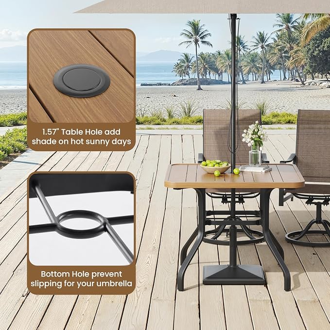 Outdoor Patio Dining Table with 1.57" Umbrella Hole, 35"x35" Wood-Like Texture, All-Weather Metal Frame for Poolside, Deck, Porch