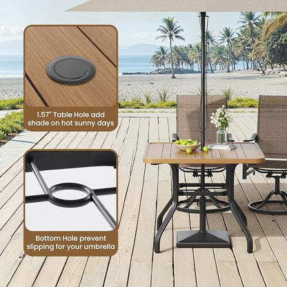 Outdoor Patio Dining Table with 1.57" Umbrella Hole, 35"x35" Wood-Like Texture, All-Weather Metal Frame for Poolside, Deck, Porch