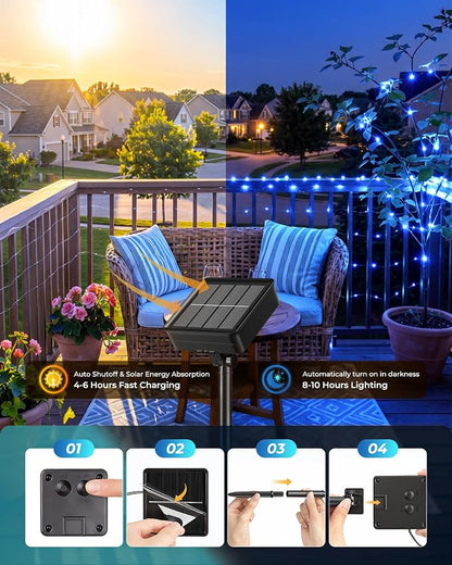Solar String Lights for Outside, 33Ft 100 LED Fairy Lights Blue ＆ white | IP65 Waterproof Solar Twinkle Lights Outdoor & Indoor, Patio Lights for Tree Garden Christmas Party Wedding Decoration