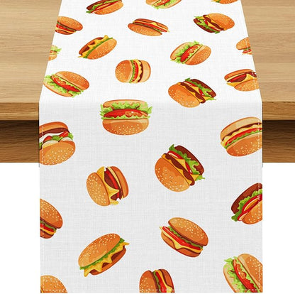 Hamburger Table Runner Burgers Themed Birthday Party Decoration Fast Food BBQ Dining Room Home Kitchen Table Decor，13" x 108"