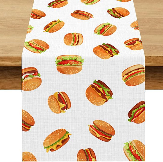 Hamburger Table Runner Burgers Themed Birthday Party Decoration Fast Food BBQ Dining Room Home Kitchen Table Decor，13" x 108"