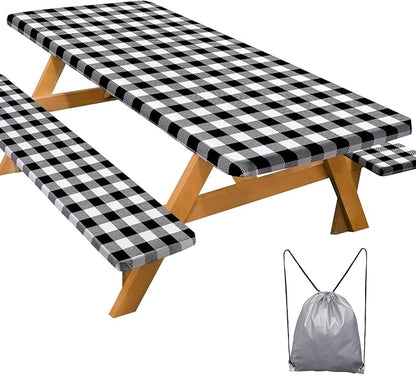 Picnic Table Cover Bench Covers Camping Essentials Tablecloth | Waterproof Vinyl for Outdoor, Windproof Elastic Fitted Edges, RV BBQ Accessories Must Haves, Storage Bag Included
