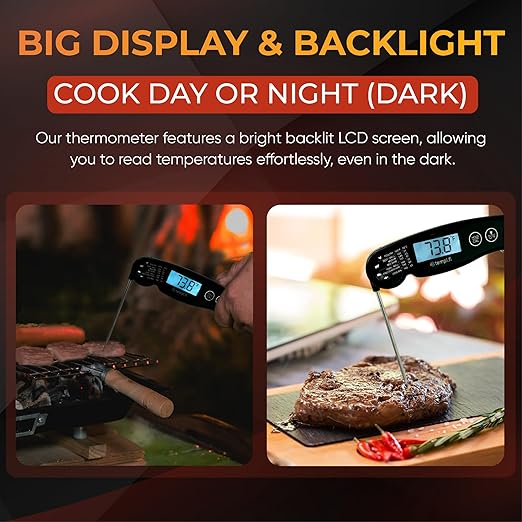 Meat Thermometer | Ultra-Fast & Waterproof | Bright Backlight & Food Grade Probe | Auto Shut-Off | Includes Meat Temperature Chart | Perfect for Kitchen & Grilling