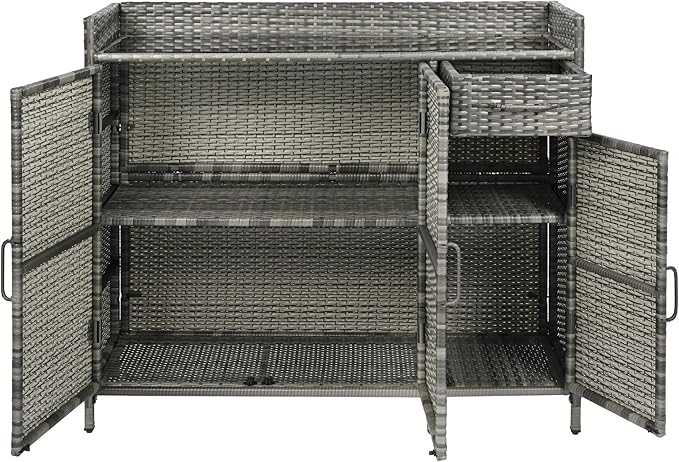 Merax 47.5" Wicker Outdoor Storage Cabinet with Tempered Glass Desktop, Weather-Proof Rattan Bar Table with 3 Doors, Adjustable Shelf, 1 Drawer for Outdoor Cushions, Pool Toys, Garden Tools, Grey