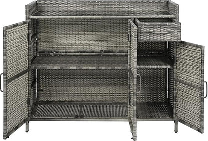 Merax 47.5" Wicker Outdoor Storage Cabinet with Tempered Glass Desktop, Weather-Proof Rattan Bar Table with 3 Doors, Adjustable Shelf, 1 Drawer for Outdoor Cushions, Pool Toys, Garden Tools, Grey