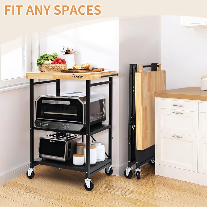 PLKOW Foldable 3-Tier Rolling Kitchen Cart with Solid Oak Top, Black | Solid oak top, fold-flat steel frame, 3-tier storage, and lockable swivel wheels for kitchens and compact spaces.
