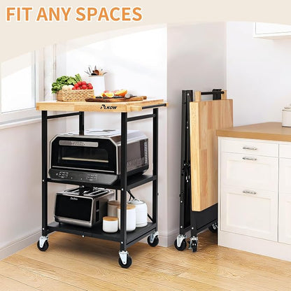 PLKOW Foldable 3-Tier Rolling Kitchen Cart with Solid Oak Top, Black | Solid oak top, fold-flat steel frame, 3-tier storage, and lockable swivel wheels for kitchens and compact spaces.