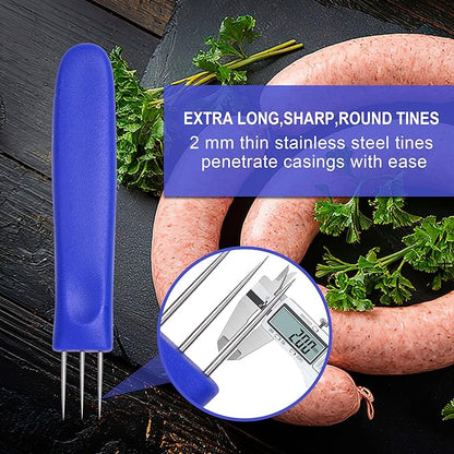2 Pack 3-Prong Sausage Pricker Tools, 6.5 Inch Stainless Steel Meat Needle for Sausage Making, with Non-Slip Handle & Storage Case for Sausage Making