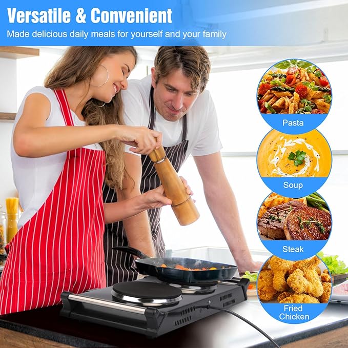 2000W Hot Plate,Portable Electric Stove Countertop Double Burners W/5 Level Temperature Control & Stay Cool Handles, Easy to Clean, Lightweight Cast Iron Electric Stove for RV/Home/Camp 110V