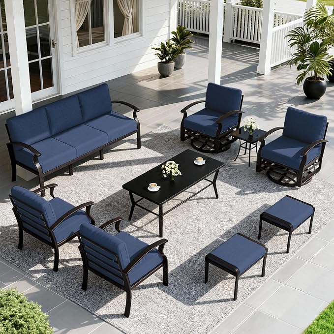ALAULM Aluminum Patio Furniture Set with Coffee Table Rectangular, 9-seat Outdoor Sectional Furniture w/Swivel Chairs and 2 Ottomans, Patio Conversation Set for Porch, Backyard, Poolside-Dark Blue
