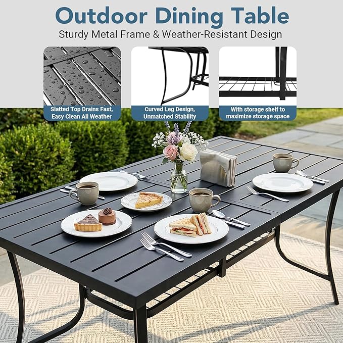 7 Pieces Patio Dining Set for 6, Large 60" Outdoor Metal Table with Universa Umbrella Hole & Stackable Iron Chairs, Patio Furniture Set for Deck, Backyard, Yard, Porch