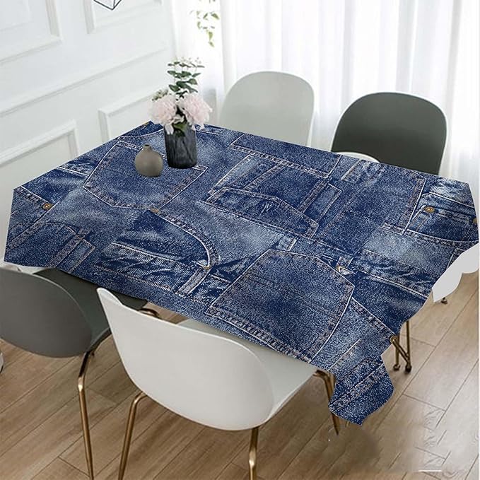 TKS MITLAN Denim Patchwork Style Decorative Rectangle Tablecloth Romance Indigo Miscellaneous Polyester Table Cloths Kitchen Table Cover for Dining BBQ Picnic Coffee Table 52 x 70 Inch 4-6 Seats