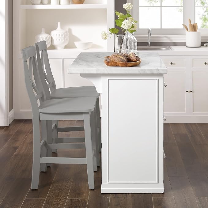 Crosley Furniture Cutler Kitchen Island with Faux Marble Top and X-Back Stools, White/Gray